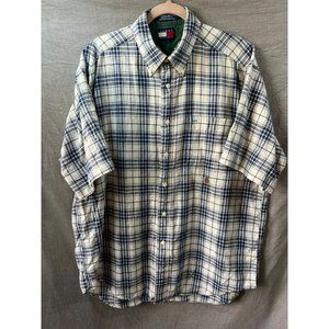 Tommy Hilfiger Button Up Shirt Adult Large White Blue Plaid Short Sleeve Mens.‎